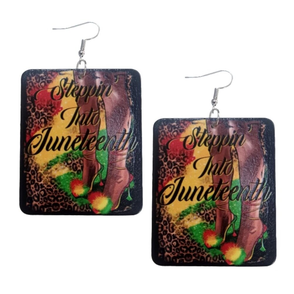 Steppin Into Juneteenth Leopard Rectangle Statement Dangle Wood Earrings